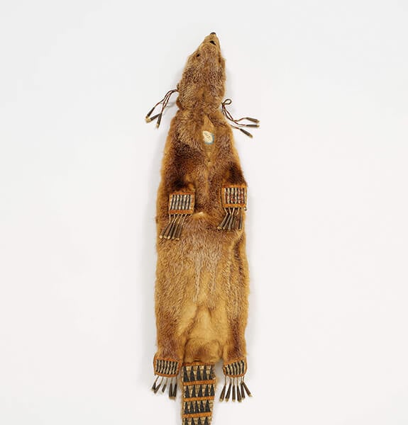 Picture of a marten skin medicine bag from the Great Lakes region. It may be the same type of bag held by one of the Pepeshapissinikan figures.