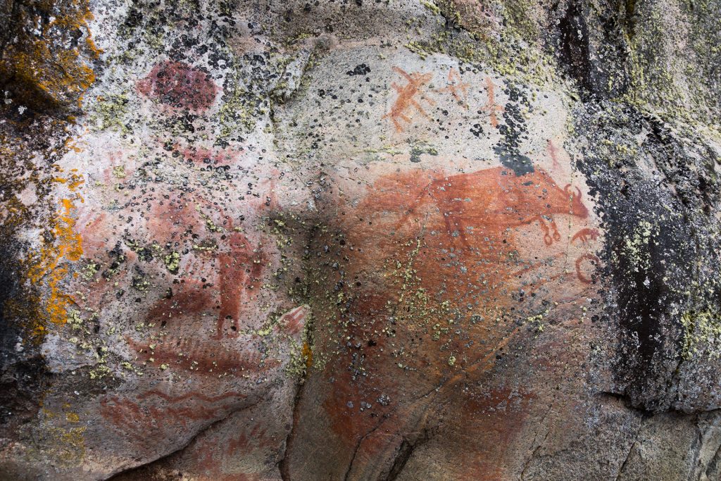 Rock paintings at Artery Lake in Ontario. They represent, among others, a medicine man with a bag, a canoe and a buffalo.