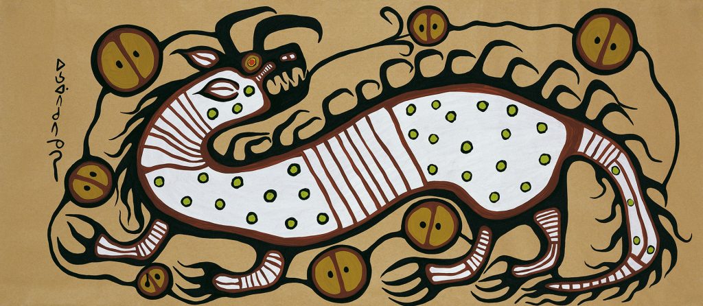 Œuvre de Norval Morrisseau, peintre anishinabe, intitulée « Esprit de l'eau » ou Water Spirit. L'artiste y représente un Mishipeshu.