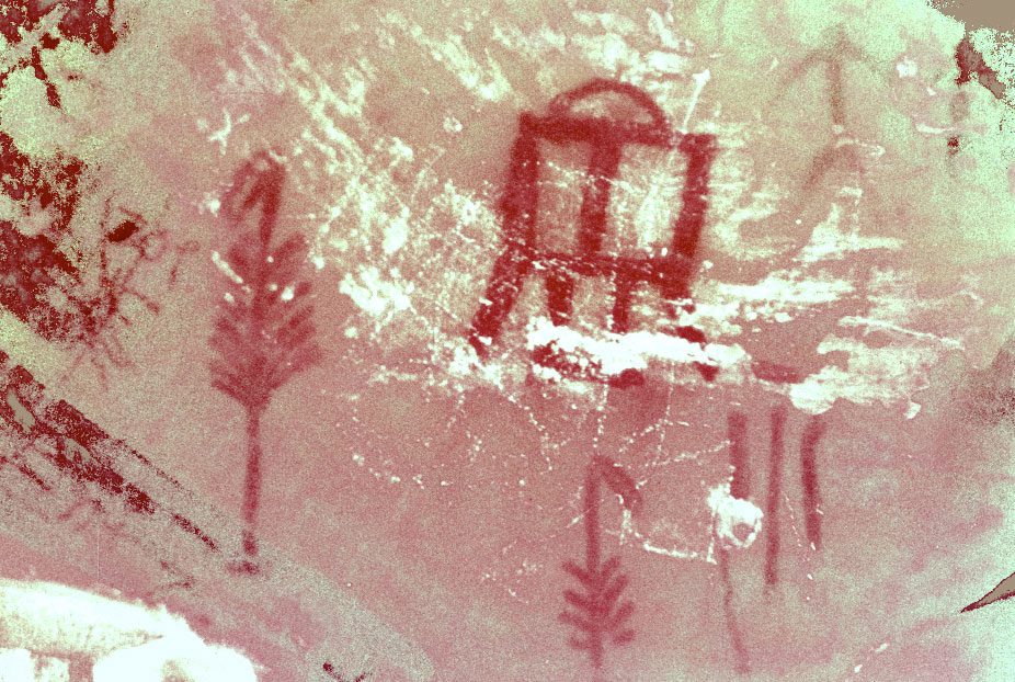 Mystic Cave, Alberta. Representation of what might be a squatting square-bodied anthropomorph and feathered staffs.