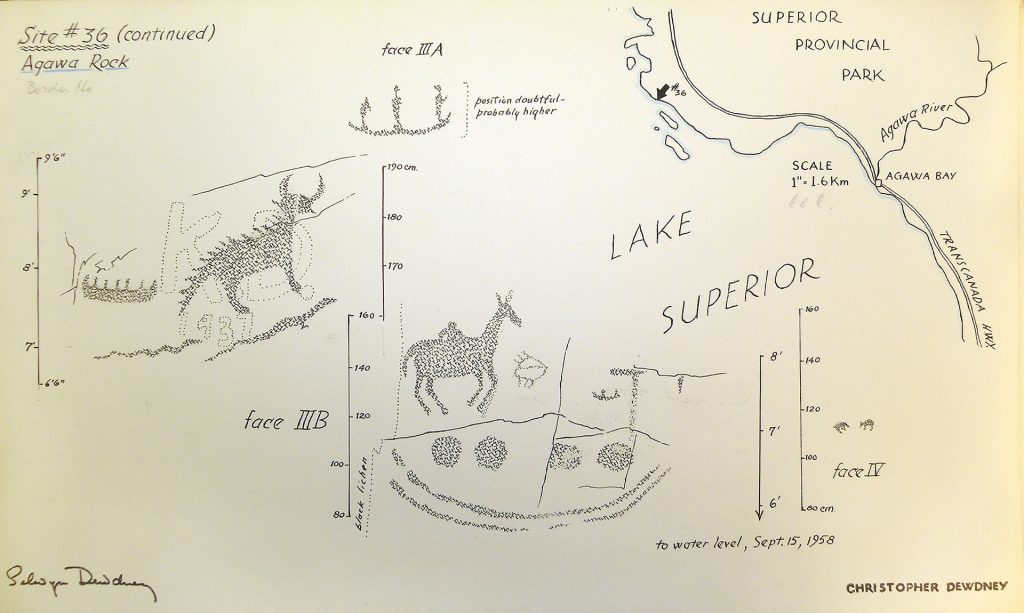 Selwyn Dewdney’s sketch of a portion of the Agawa Bay site in Ontario. It represents, among others, a man on horseback and Mishipeshu.