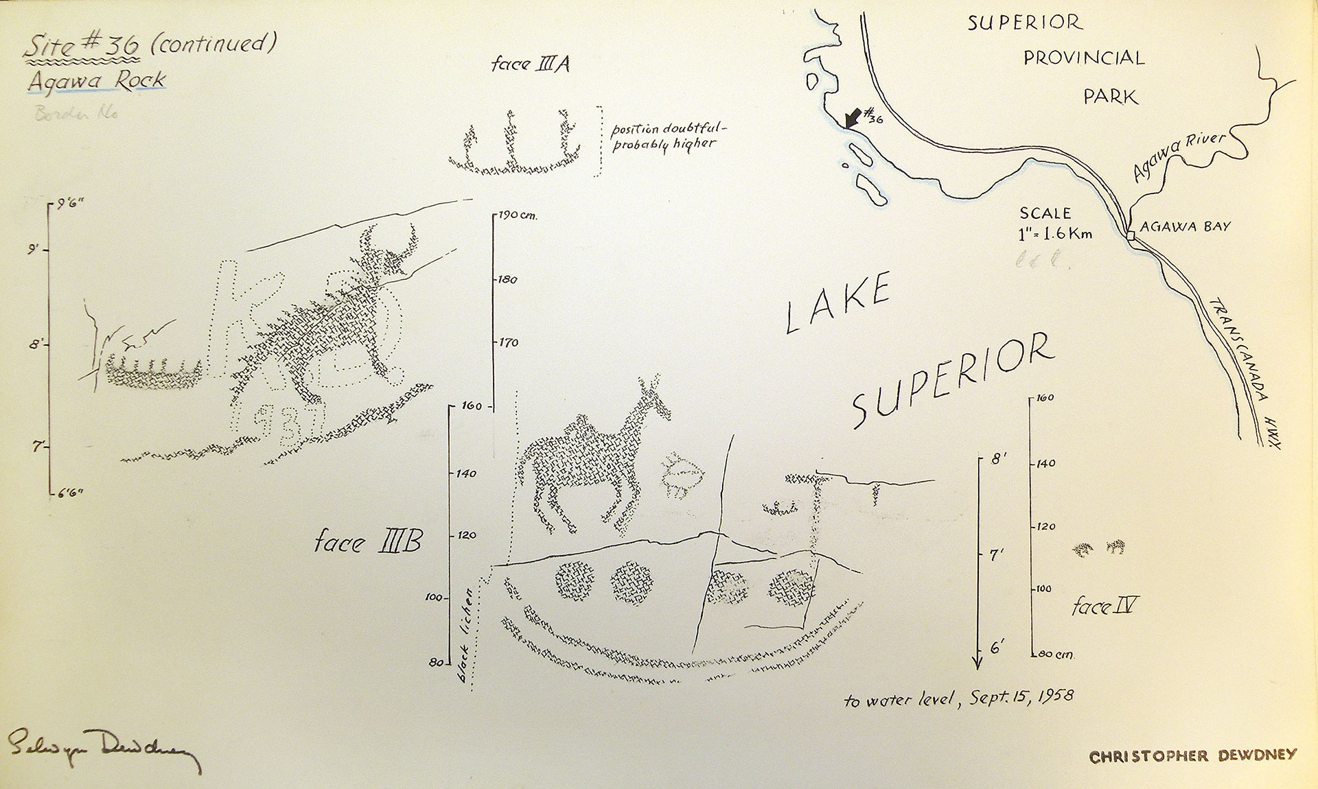Relevé d’une partie du site d’Agawa Bay en Ontario fait par Selwyn Dewdney. On y voit, entre autres, un homme à cheval et un Mishipeshu.