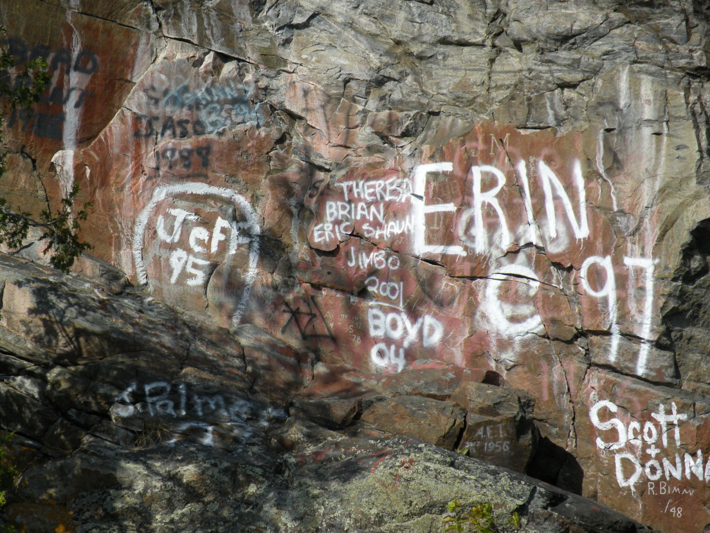 Picture of graffiti covering the Rocher à l'Oiseau rock art site located along the Ottawa River