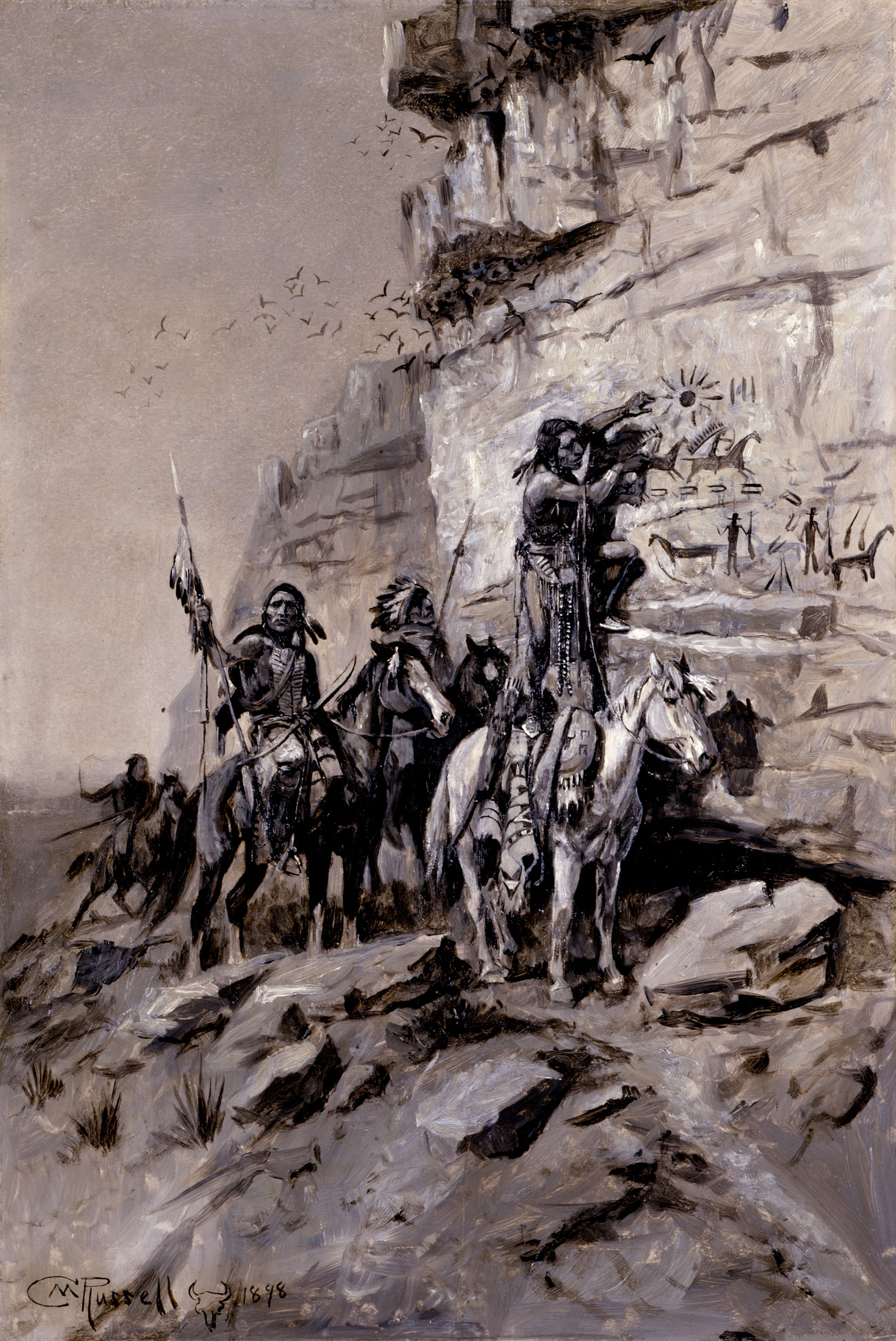 Artwork by Charles Marion Russel representing a group of men on horseback near a cliff, in Alberta, Canada. One of them is painting on the rock.