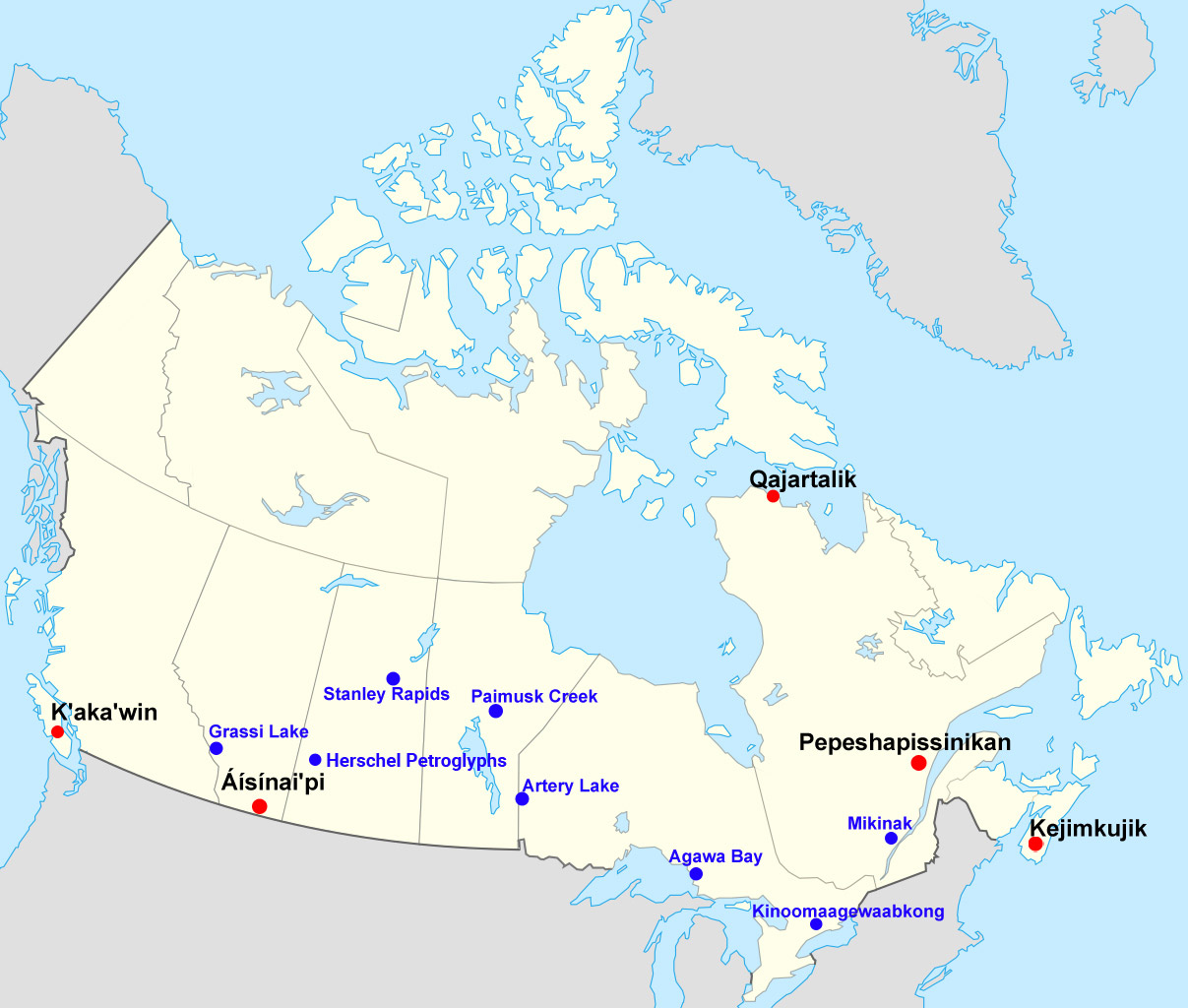 Carte du Canada où sont localisés certains sites rupestres